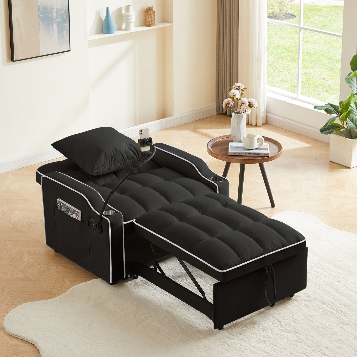 NEW Black Velvet Convertible 3-in-1 Sofa Bed with Multi-Pockets and Adjustable Sleeper
