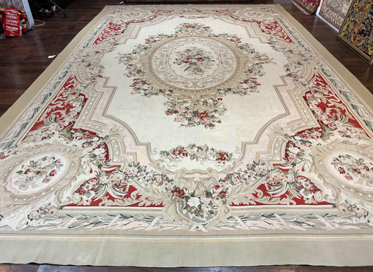 USED Large Aubusson Rug 11x17, Wool Handmade Vintage Carpet, Ivory Beige, French European Elegant Design, Palace Size Rug