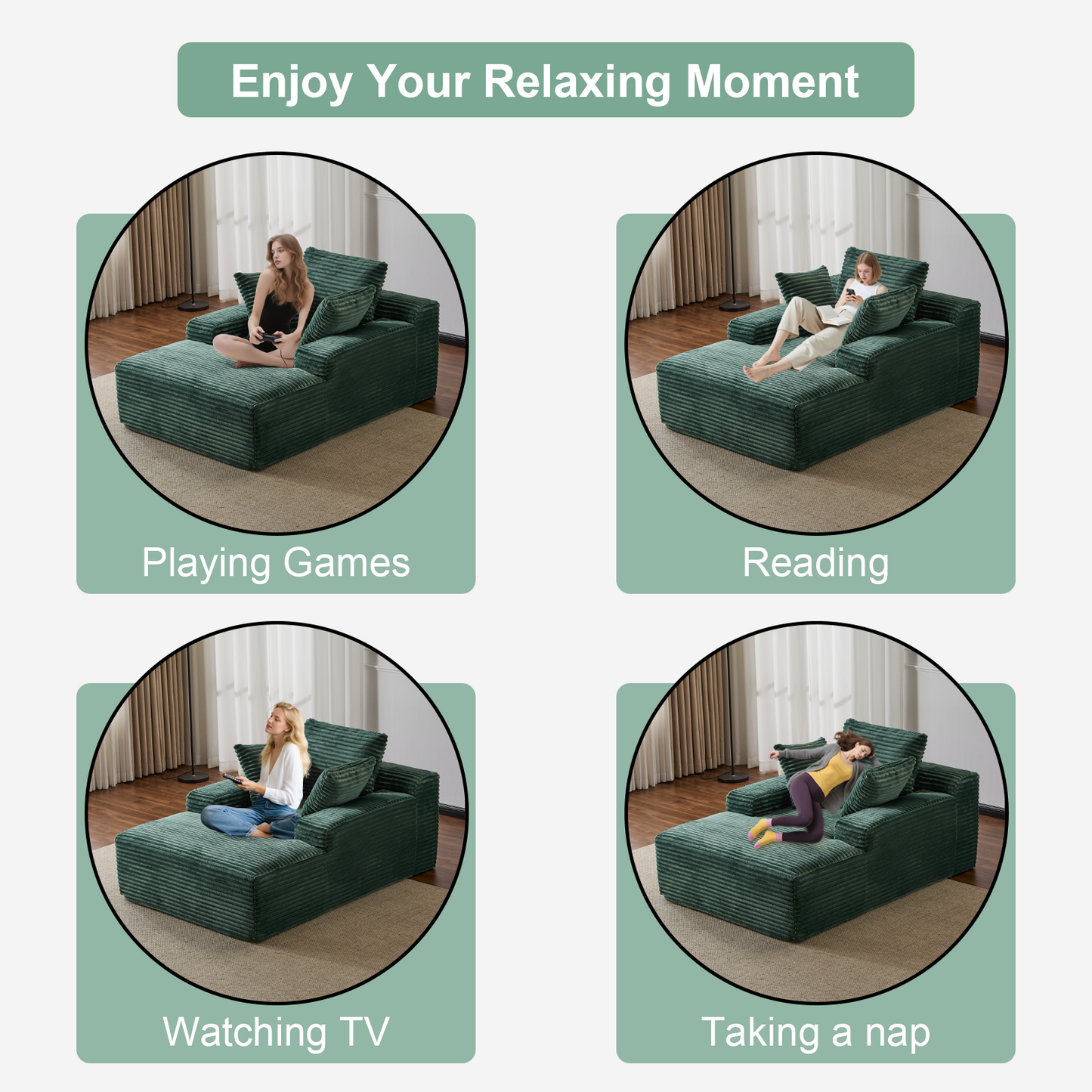 NEW Oversized Chaise Lounge Chair Cozy Cloud Couch Modern Plush Green Corduroy Upholstered Sleeper Sofa Daybed with 3 Throw Pillows and Wide Armrest