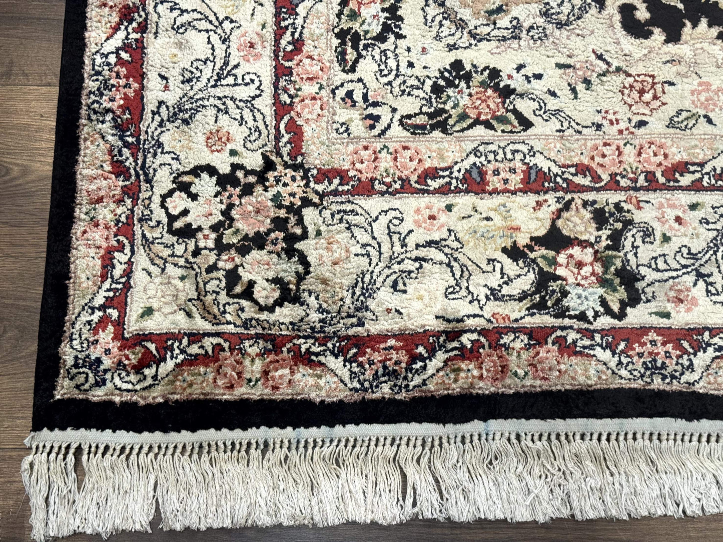 USED Indian Kashmiri Silk Rug, Floral Medallion, Vintage Hand Knotted Carpet