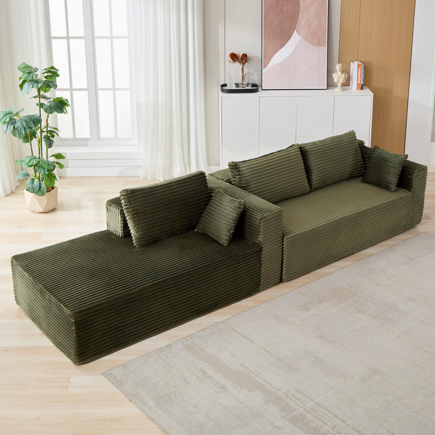 NEW Compression Sectional Couch with Comfy Chaise, Boneless L Shape Sofa with Deep Seat, Minimalist Modular Couches Sleeper for Living Room Bedroom Apartment Lounge,corduroy,Green