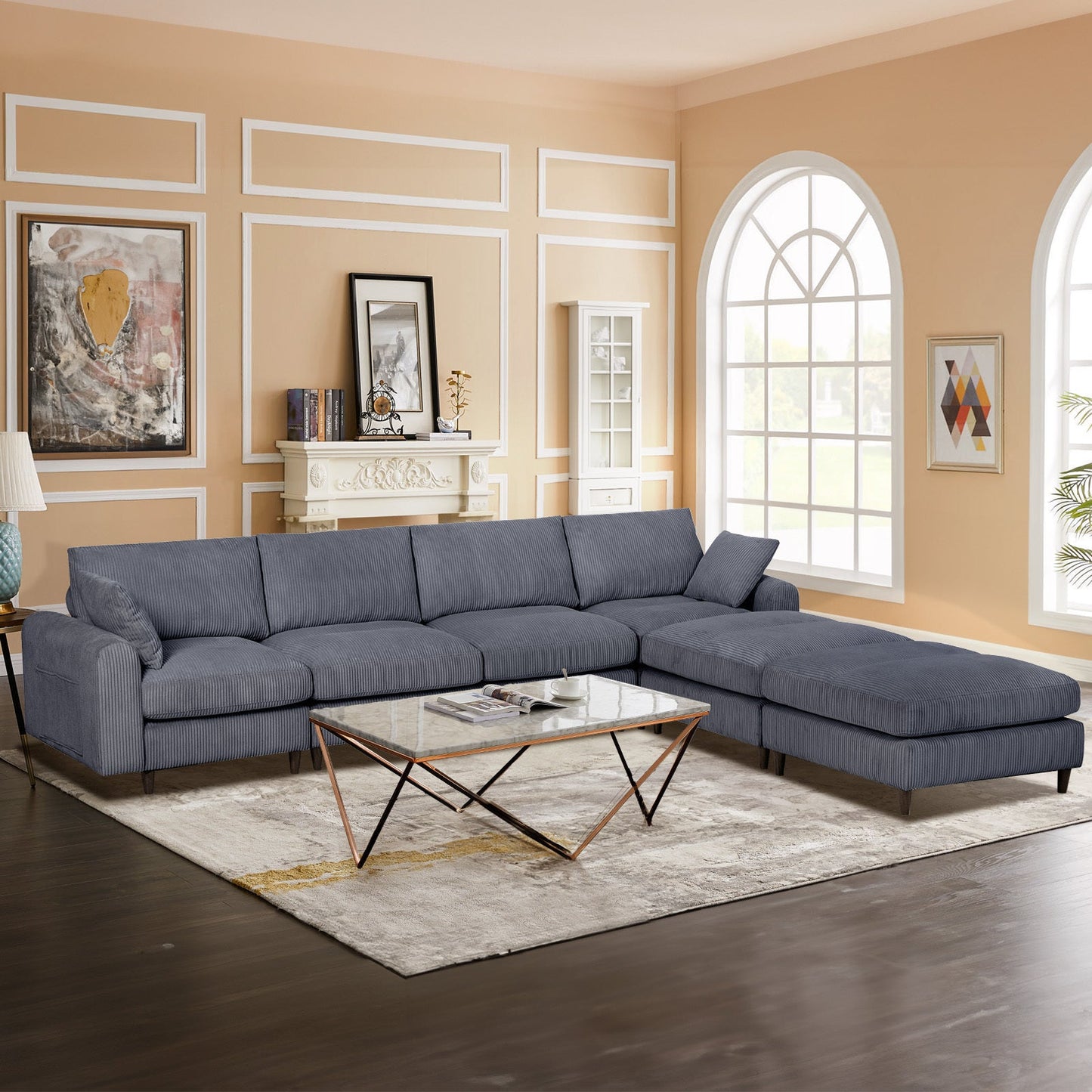 NEW Modern Gray Corduroy Oversized Modular U-Shaped Convertible Sectional Sofa Set with Pillow and Footstool