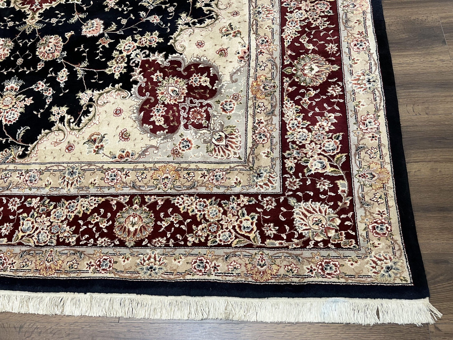 USED Pak Persian Rug 8.8 x 10.6, Floral Medallion, Wool and Silk Hand Knotted Fine Oriental Carpet, Elegant Rug, Black Gray Burgundy, Room Sized
