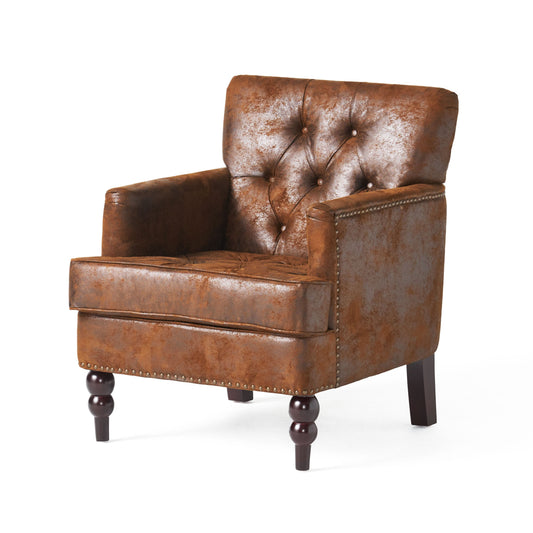 NEW Brown Vitality Club Chair with Button-tufted Diamond Stitching and Turned Legs