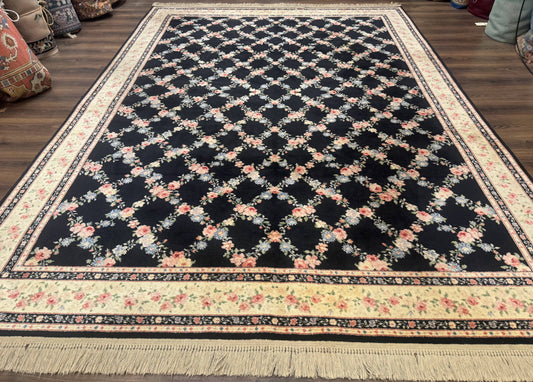 USED 8.8 x 12 Karastan Garden of Eden Rug, Ebony Trellis #509/1270, Black, Floral, Wool Pile, Vintage, Discontinued