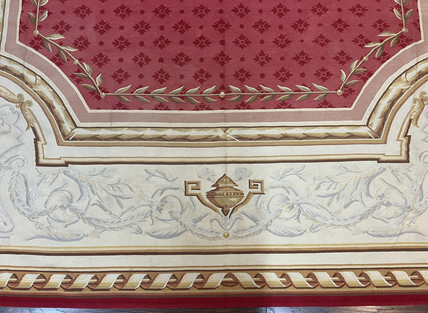 USED Aubusson Rug 9x12 ft, Red and Ivory Elegant Aubusson Carpet, Flatweave, Vintage Wool Handmade Area Rug 9 x 12, French European Design