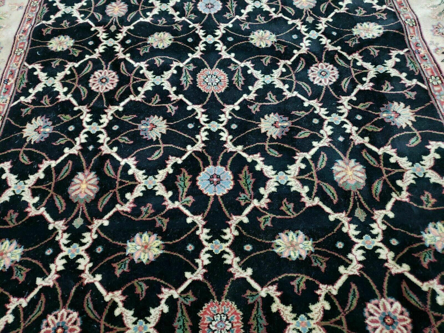 USED 6' X 9' Handmade India Floral Oriental Wool Rug Carpet Hand Knotted Nice Black