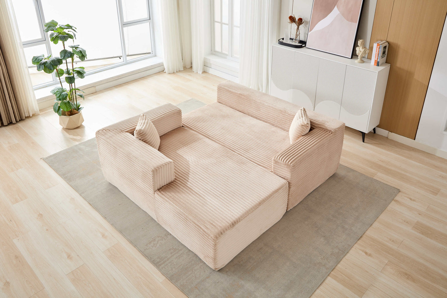 NEW Compression Sectional Couch with Comfy Chaise, Boneless L Shape Sofa with Deep Seat, Minimalist Modular Couches Sleeper for Living Room Bedroom Apartment Lounge,corduroy,Beige