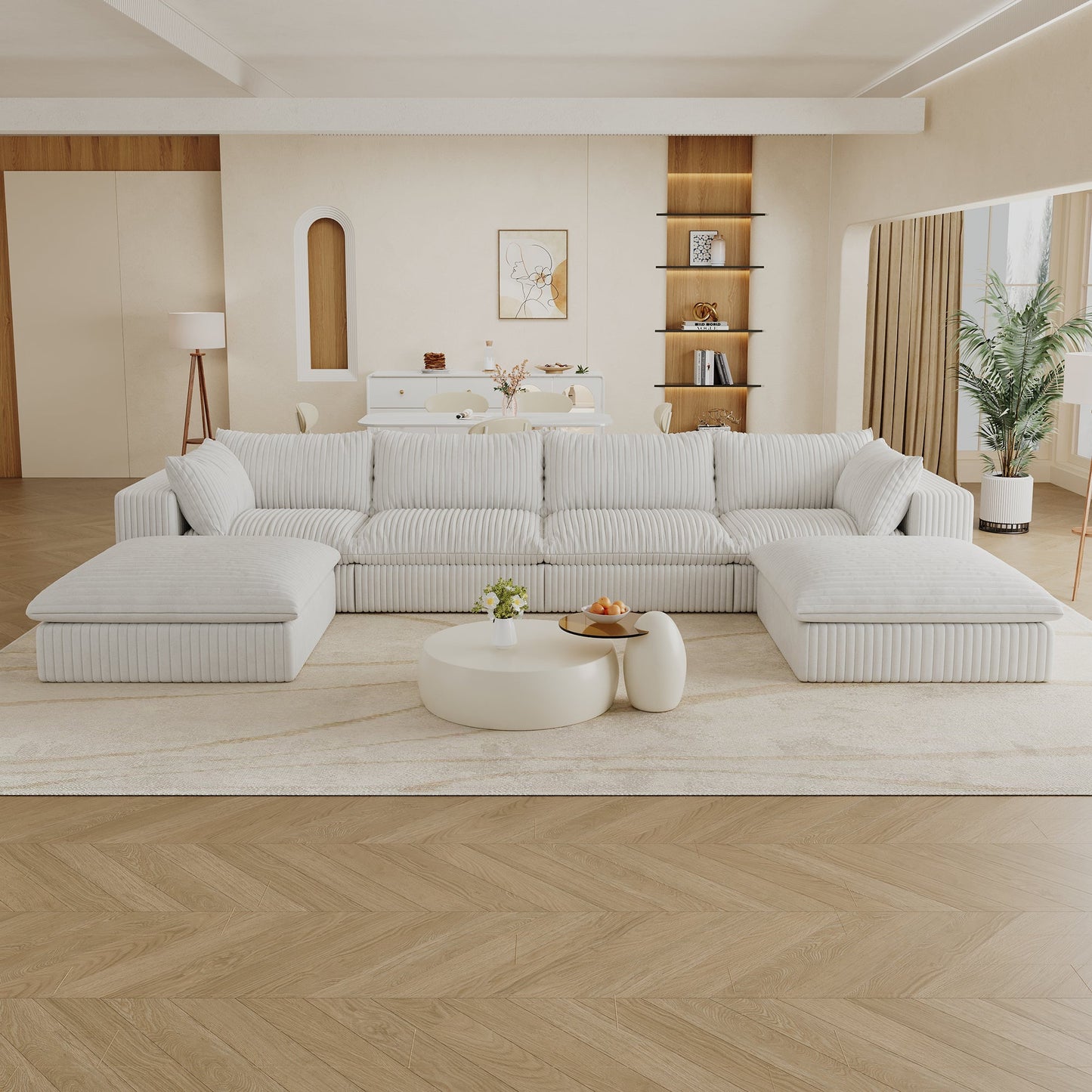 NEW 157.6' Double Layer Removable Cushion Cloud White Corduroy Fabric Deep Seat Sofa Couch