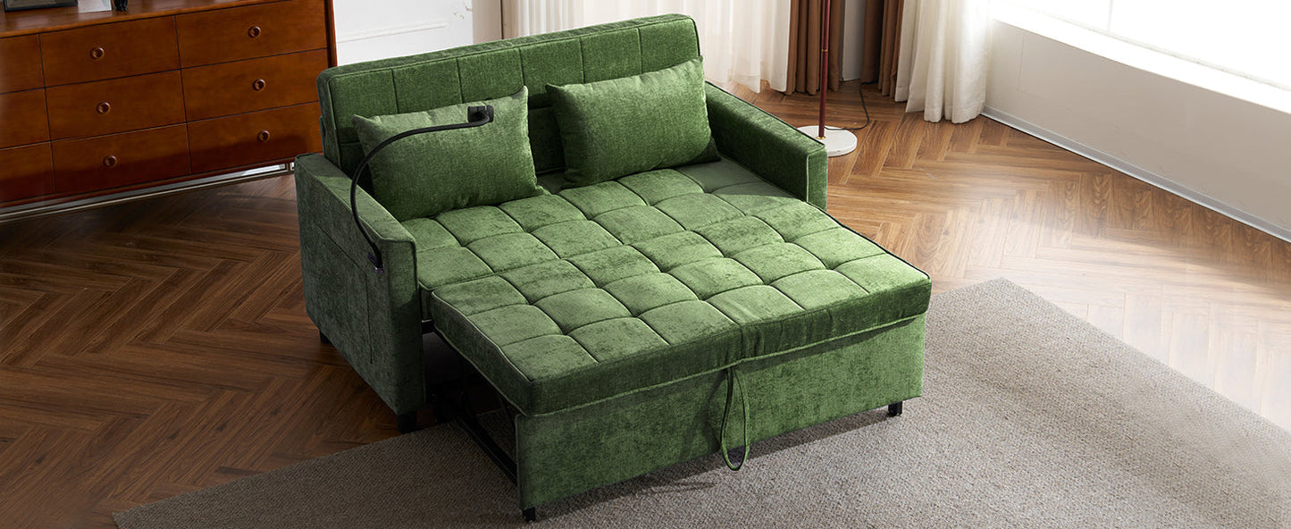 NEW 56.9' Convertible Loveseat Sofa Bed with Adjustable Backrest, USB Ports, Phone Holder, Side Pockets, Green Chenille,