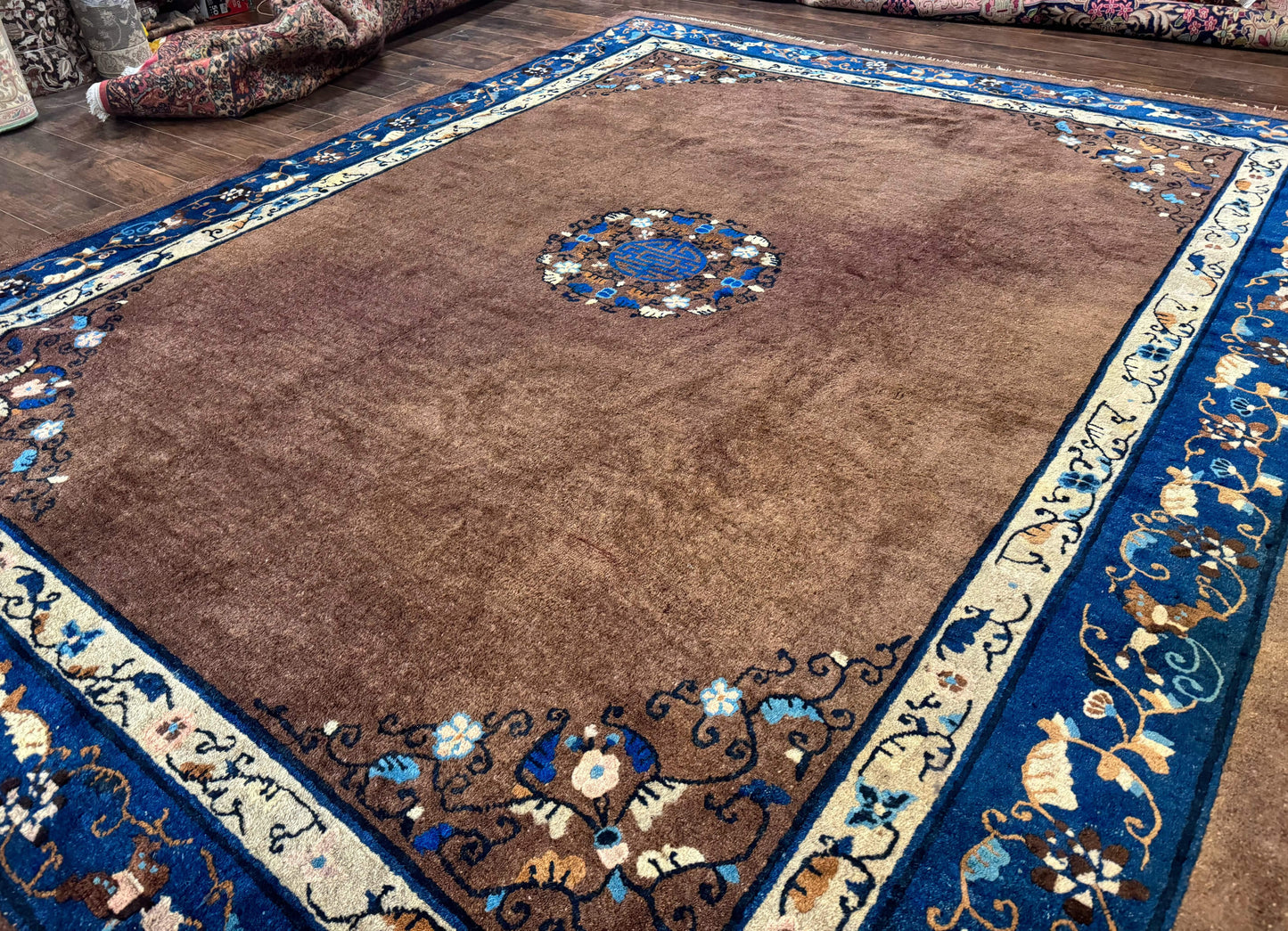 USED Antique Chinese Wool Rug 9x11, Large Chinese Art Deco Rug, Peking Rug, Brown and Blue, Open Field, Fete Rug
