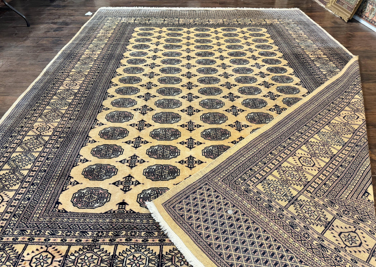 USED Pakistani Bokhara Turkoman Rug 9x11, Cream, Handmade Wool Vintage Carpet