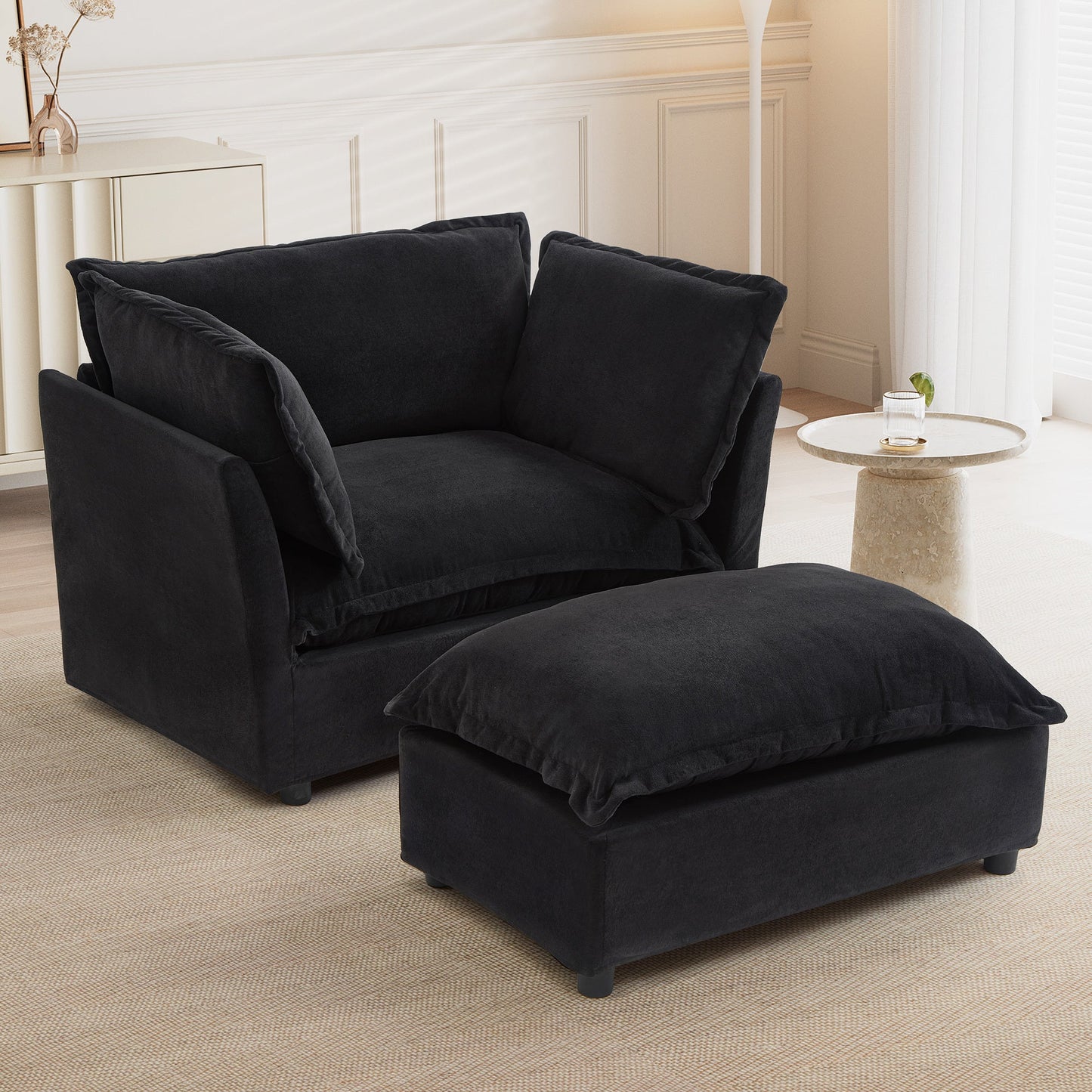NEW Modern Armchair Sofa 47' Cozy Upholstered Sofa Chair with Movable Ottoman, Black Chenille, Wide Seat & Curved Armrests