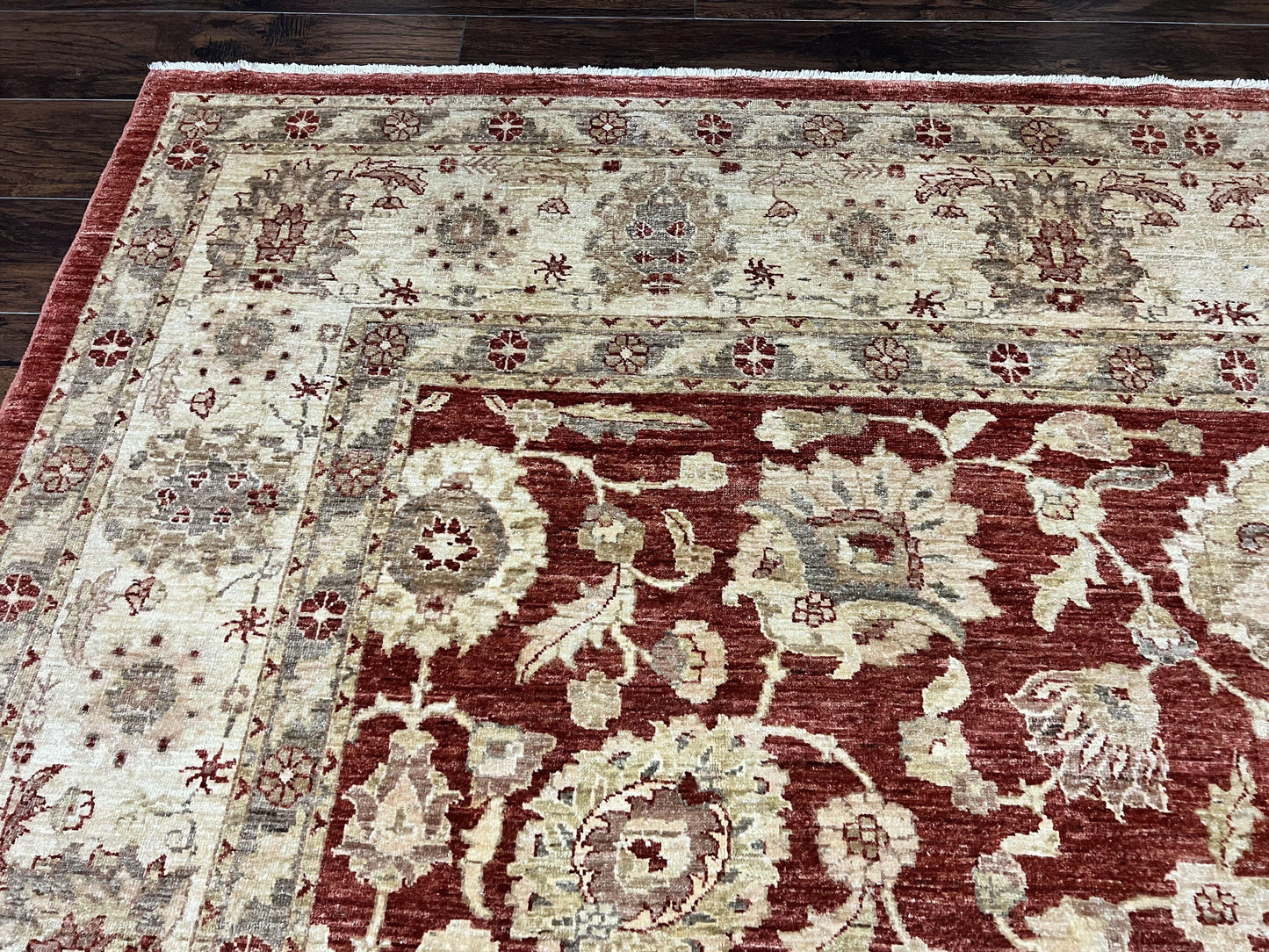 USED Pak Persian Rug 10x14, Sultanabad Mahal Peshawar Chobi Carpet, Large Vintage Wool Oriental Rug, Maroon & Beige, Floral Allover, Handmade
