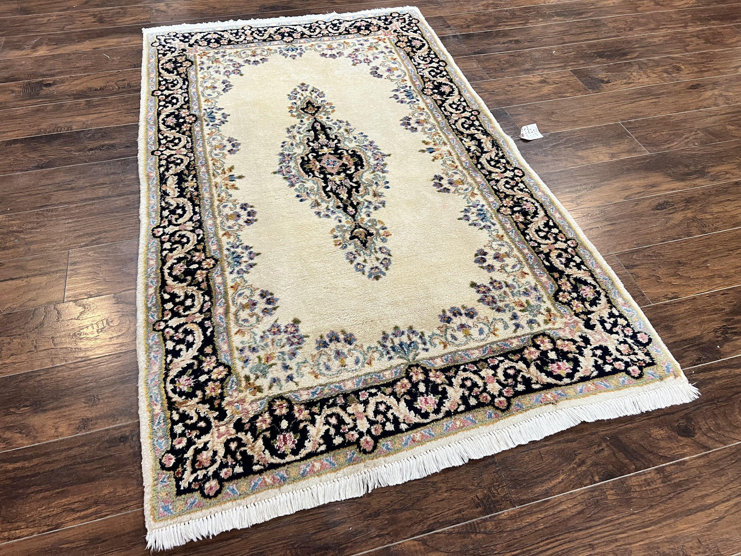 USED Persian Kirman Rug 4x7, Wool Hand Knotted Antique Carpet, Beige, Semi Open Field Medallion Rug, Traditional Handmade Oriental Rug
