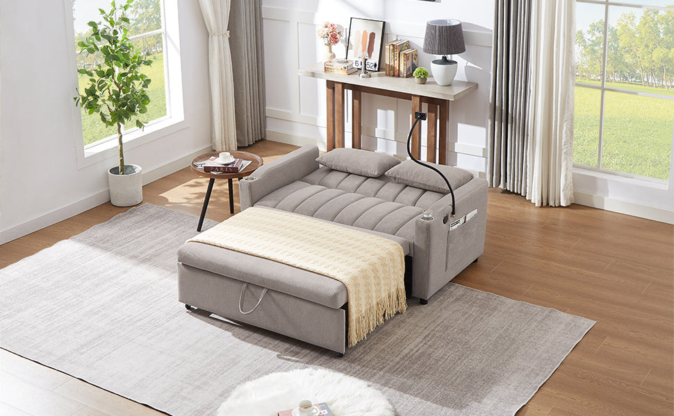 NEW Convertible Sofa Bed Loveseat with USB Ports, Side Pockets, Cup Holders & Swivel Phone Holder, Light Grey Bella Fabric