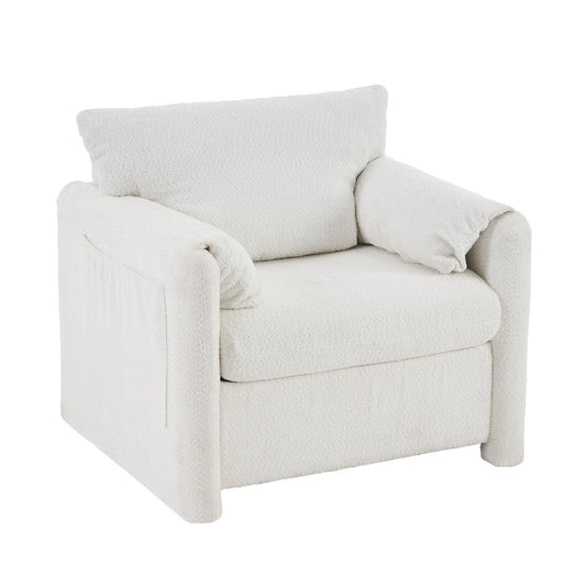 NEW Fixed Modern Ivory White Plush Chenille Lounge Accent Single Seater Armchair Chair with High-Resilience Cushion