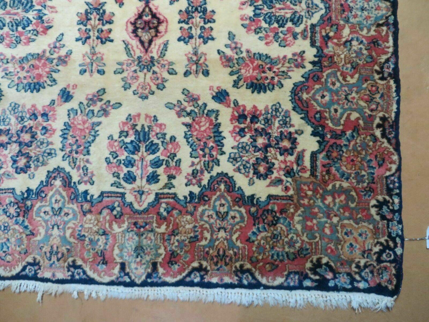 USED Antique Persian Kirman Rug 3.9 x 6.6, Floral Oriental Carpet, Ivory/Cream - Blue - Pink, Hand Knotted Wool Rug, Floral Medallion Rug 4x6