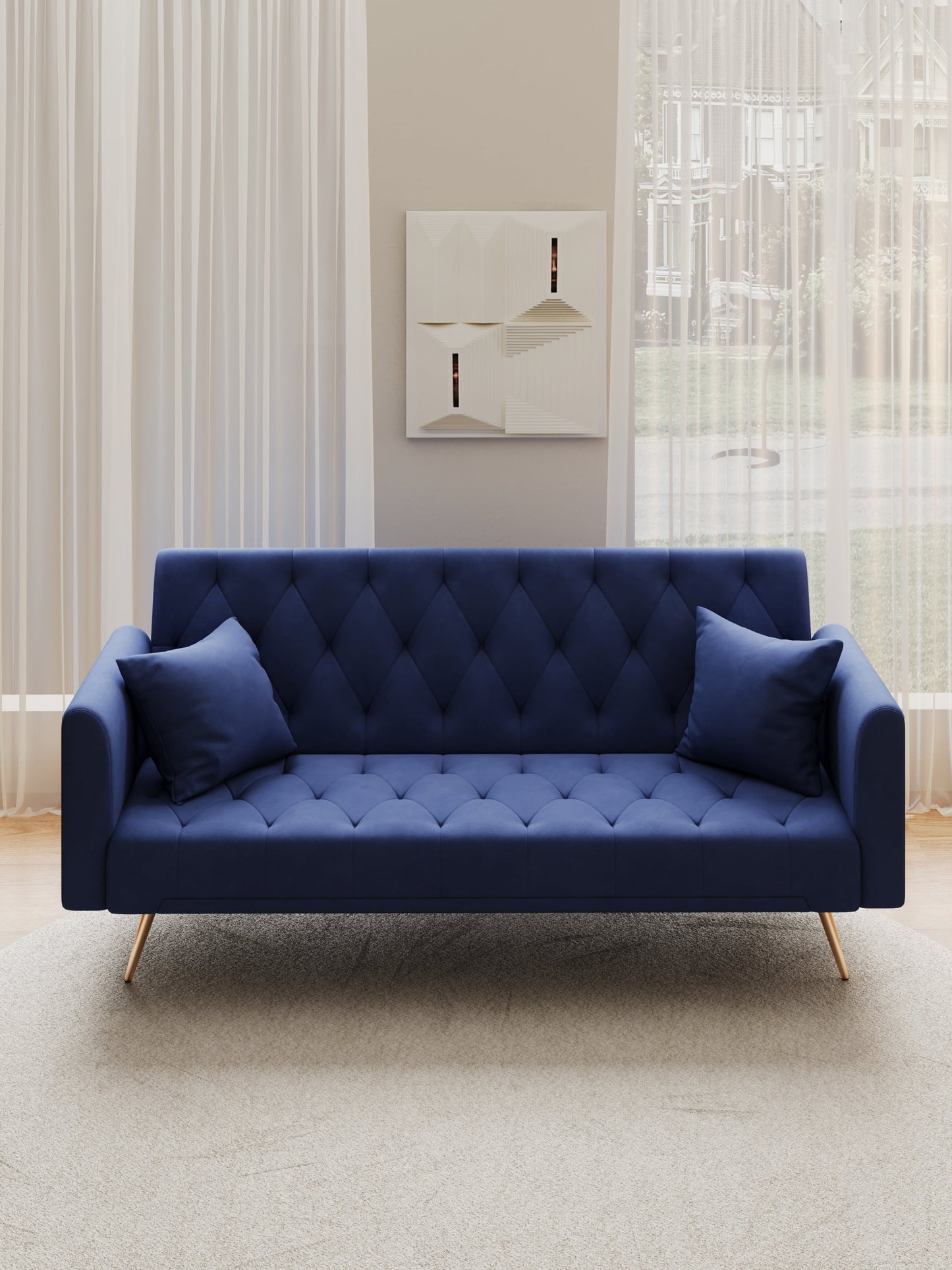 NEW 71-inch convertible love seat sofa, American retro blue velvet material, suitable for small living room, bedroom, office