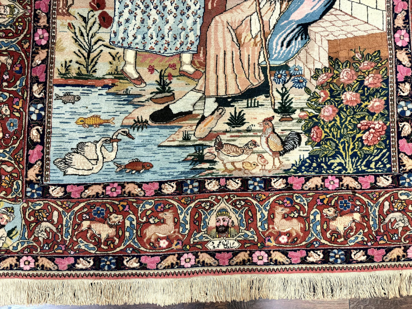 USED Wonderful Persian Kashan Pictorial Rug 4.7 x 6.5, Persian Rug for Wall Hanging, Handmade Antique Wool Carpet Animal Motifs Poetry Lovers, 240 KPSI