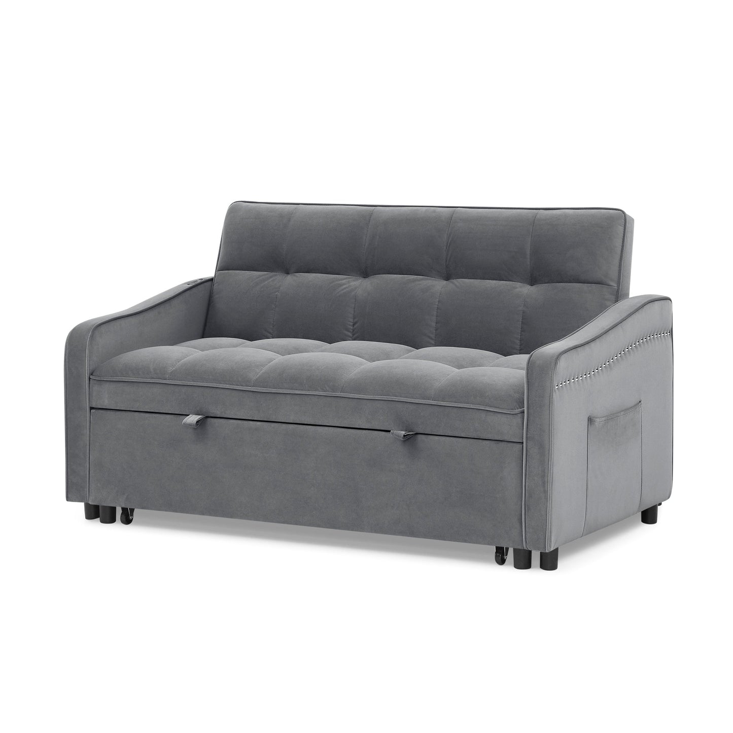 NEW Grey Copper Nail Loveseat Sofa Bed with Pull-out Bed Adjustable Back and Two Arm Pocket TypeC USB Charging