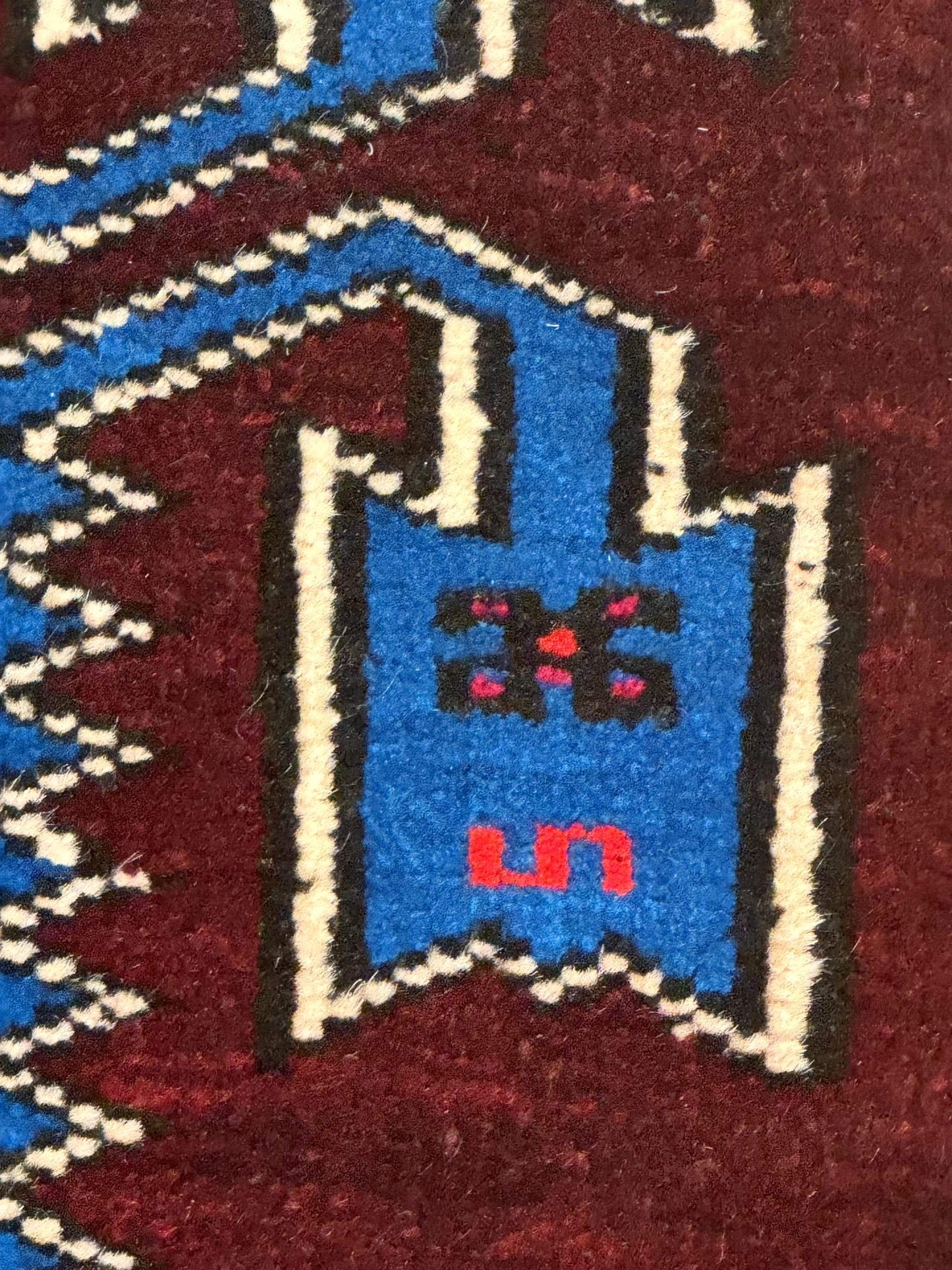USED Persian Tribal Rug 1.8 x 2, Small Balouchi Rug, Unique Design, Burgundy and Blue