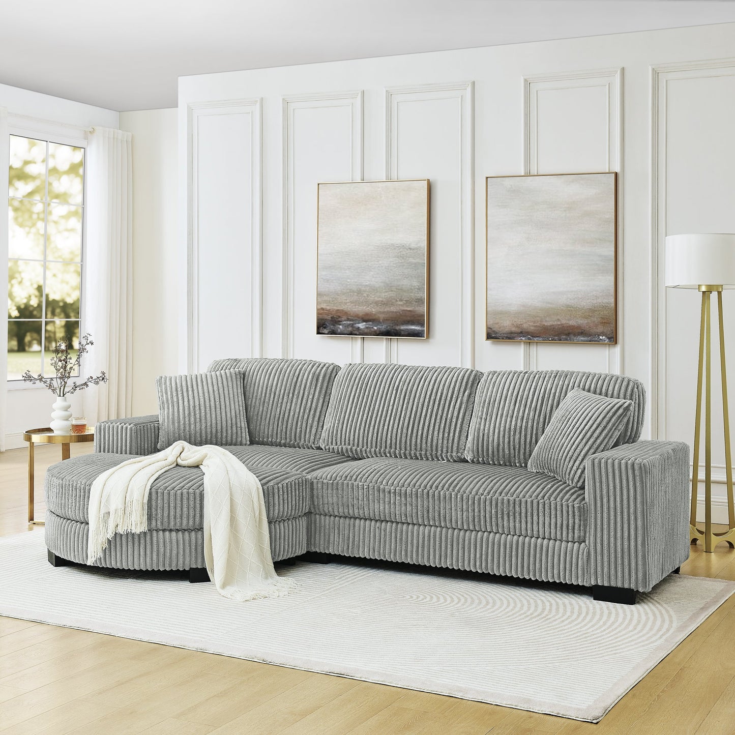 NEW Corduroy Tufted Upholstered Sleeper Sectional L-Shaped Modular Convertible Sofa with Arc-Shaped Footstool