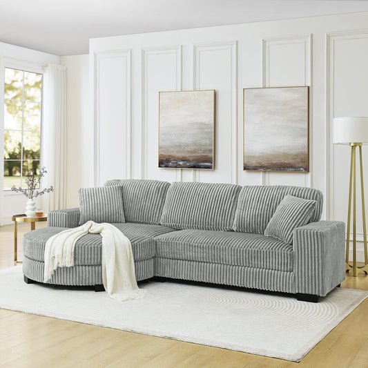 NEW Corduroy Tufted Upholstered Sleeper Sectional L-Shaped Modular Convertible Sofa with Arc-Shaped Footstool