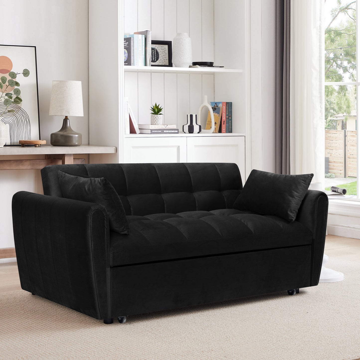 NEW 65 '3-in-1 foldable large size sofa bed, modern velvet double sofa, sofa bed with adjustable back, storage bag and pillow, suitable for living room, bedroom (biack)