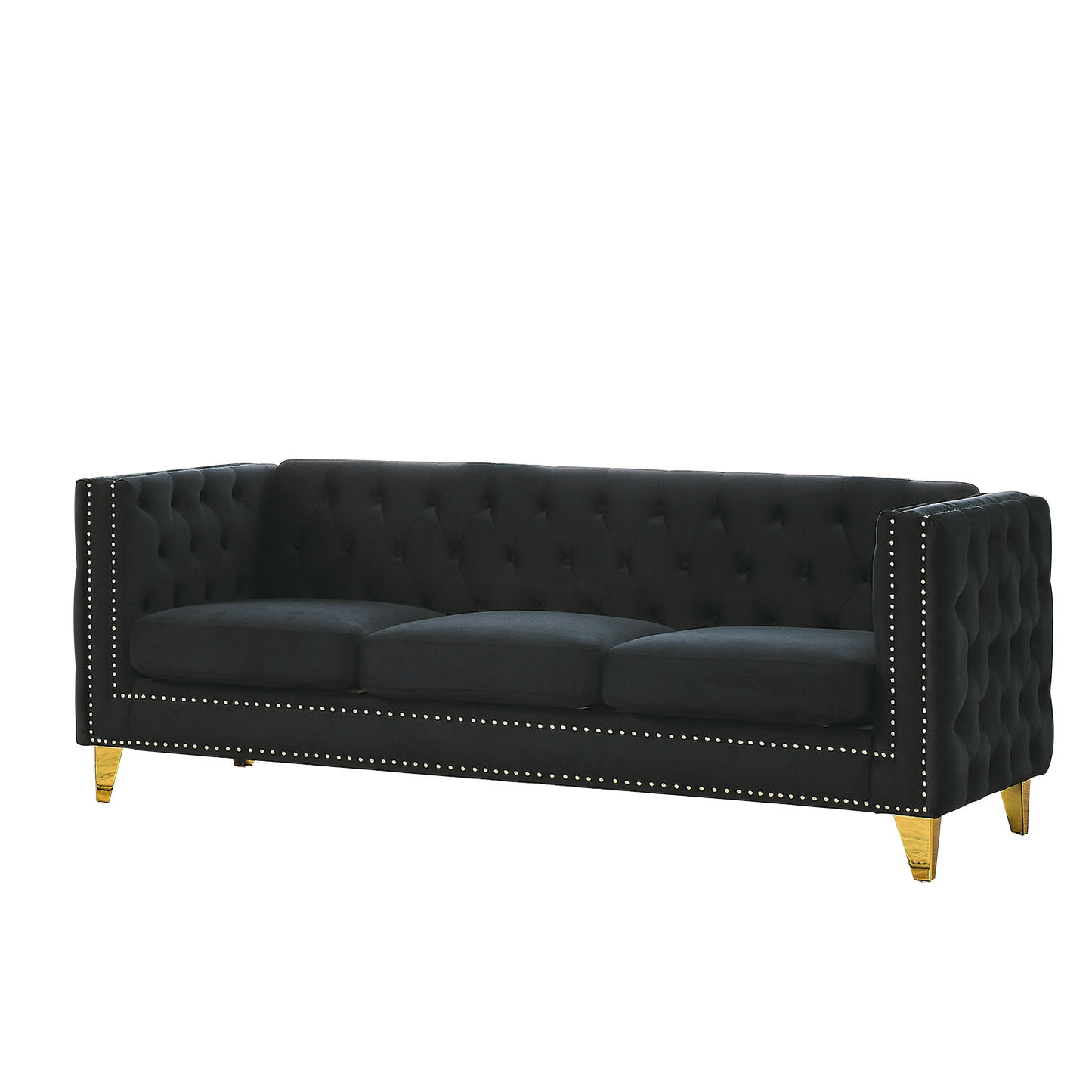 NEW Black Velvet Tufted Button Square Arm Modern Couch Sofa with Metal Legs