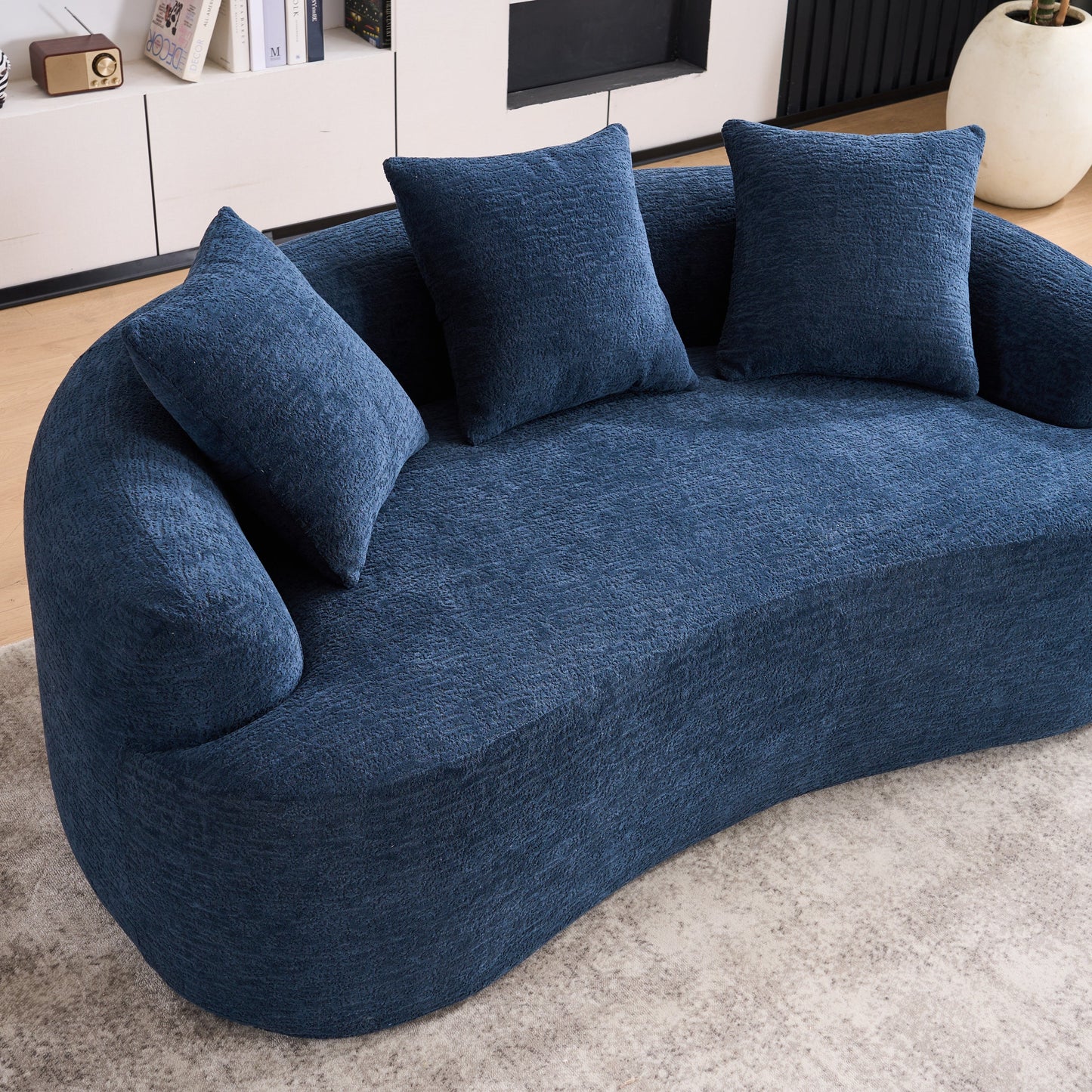 NEW LY-025S Chenille  Curved Loveseat Blue Full Compression Sponge Sofa with 3 Pillows