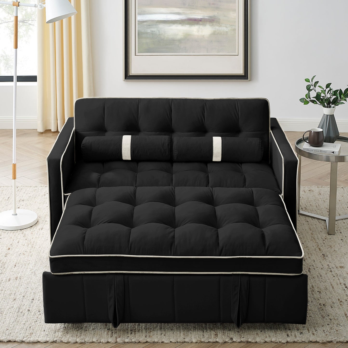 NEW Modern 55.5' Pull Out Sleep Sofa Bed 2 Seater Loveseat Sofa Couch with Side Pockets Adjustable Backrest and Lumbar Pillows