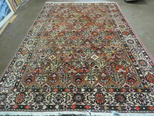 USED Antique Persian Bakhtiari Rug 7x10 - Multicolor Repeated Panel Design - Vegetable Dyed Rug - Hand Knotted Wool Room Sized Oriental Carpet 7 x 10 Rug