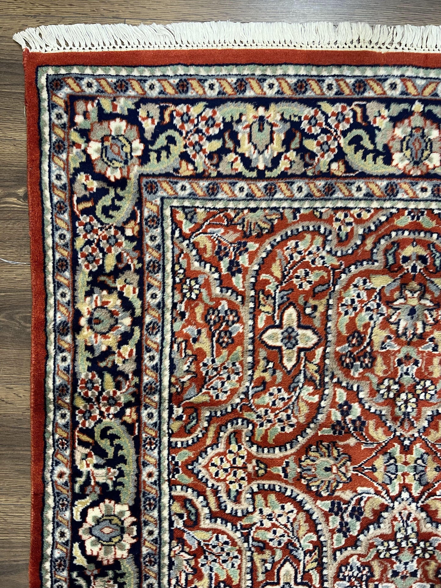 USED Indo Persian Rug 4x7, Allover Floral Oriental Carpet, Red and Navy Blue, Hand Knotted Indian Kashmiri Traditional Vintage Area Rug 4 x 7 ft