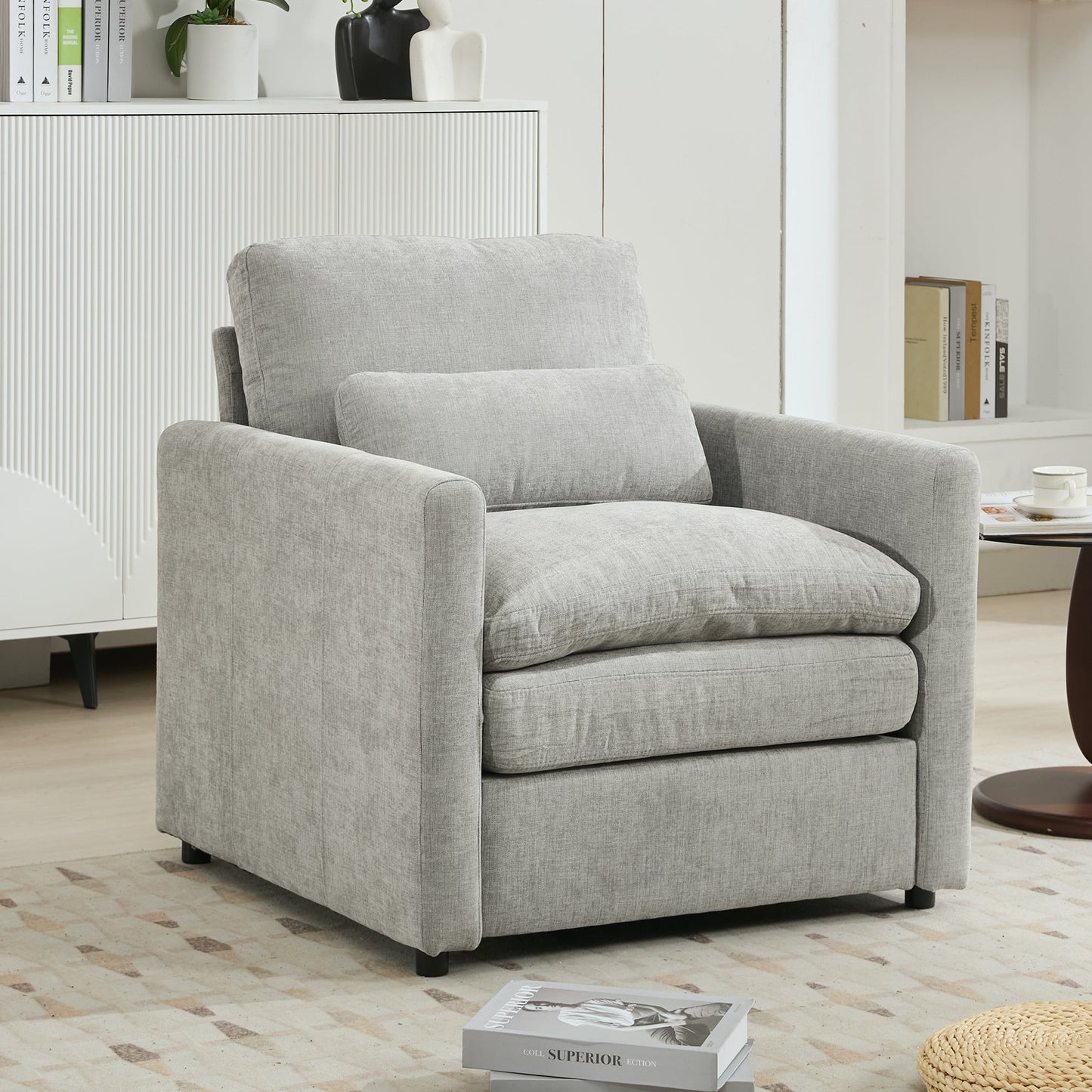 NEW Light Grey Chenille Cozy Upholstered Oversized Comfy Cloud Double Cushion Single Armchair Sofa