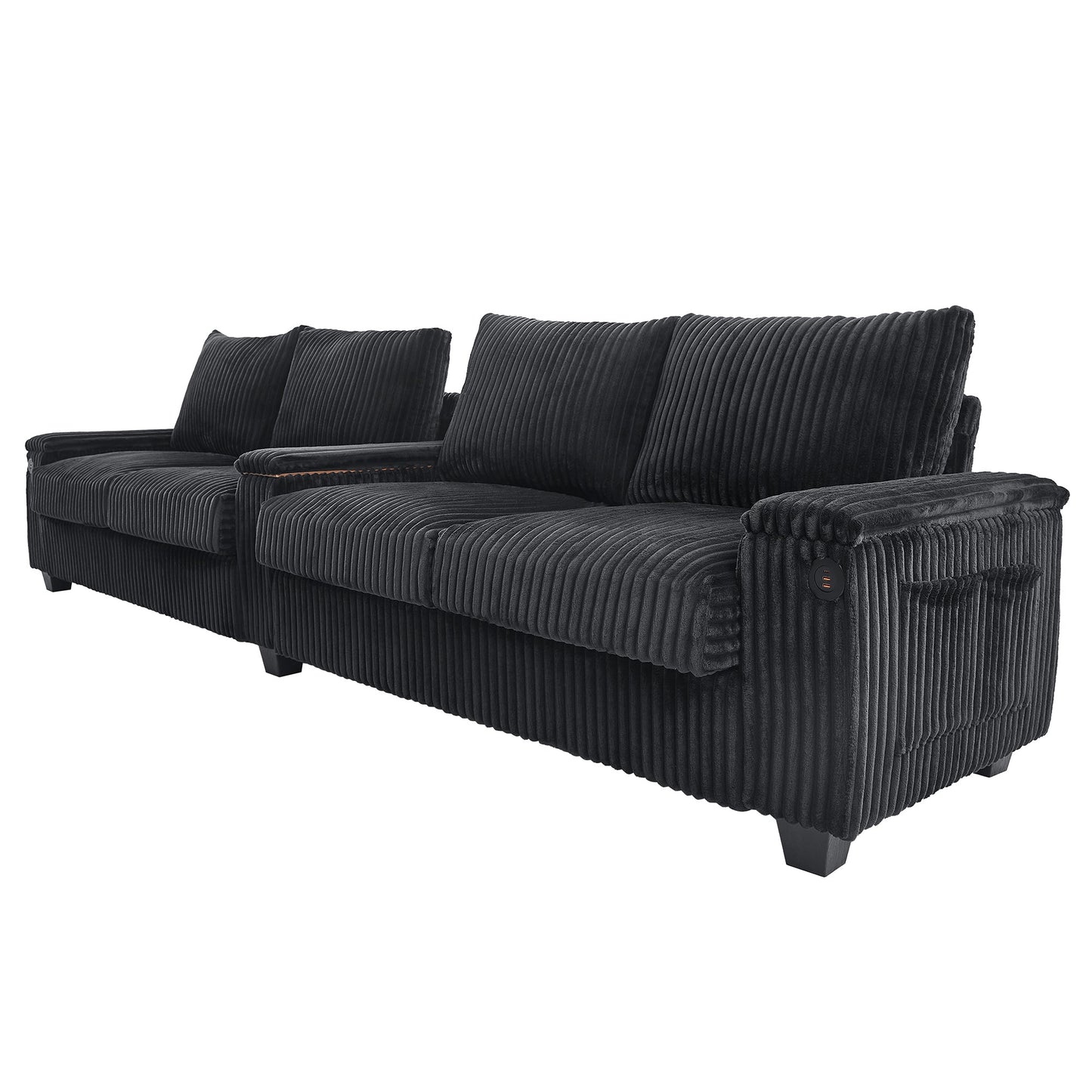 NEW Modern 4-Seater Black Corduroy Sofa Couch with USB Ports and Hidden Storage