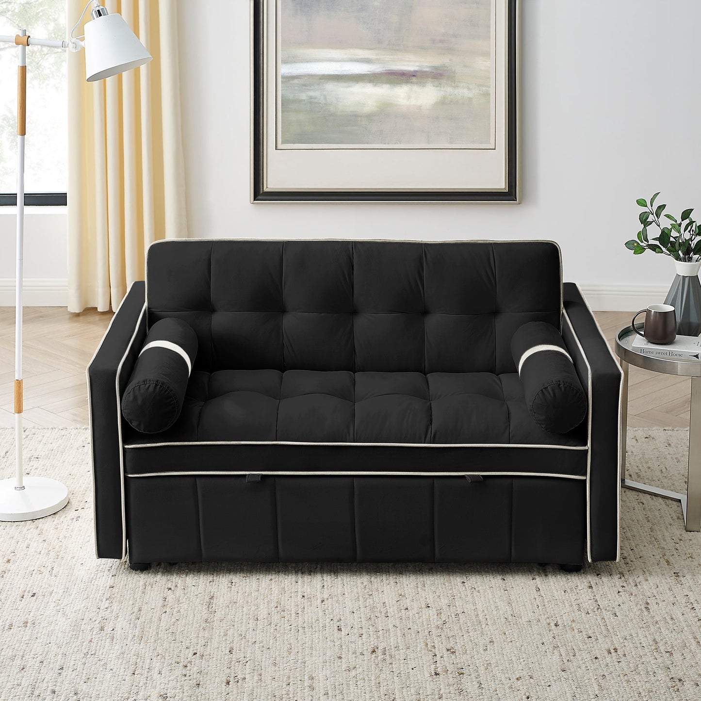 NEW Modern 55.5' Pull Out Sleep Sofa Bed 2 Seater Loveseat Sofa Couch with Side Pockets Adjustable Backrest and Lumbar Pillows