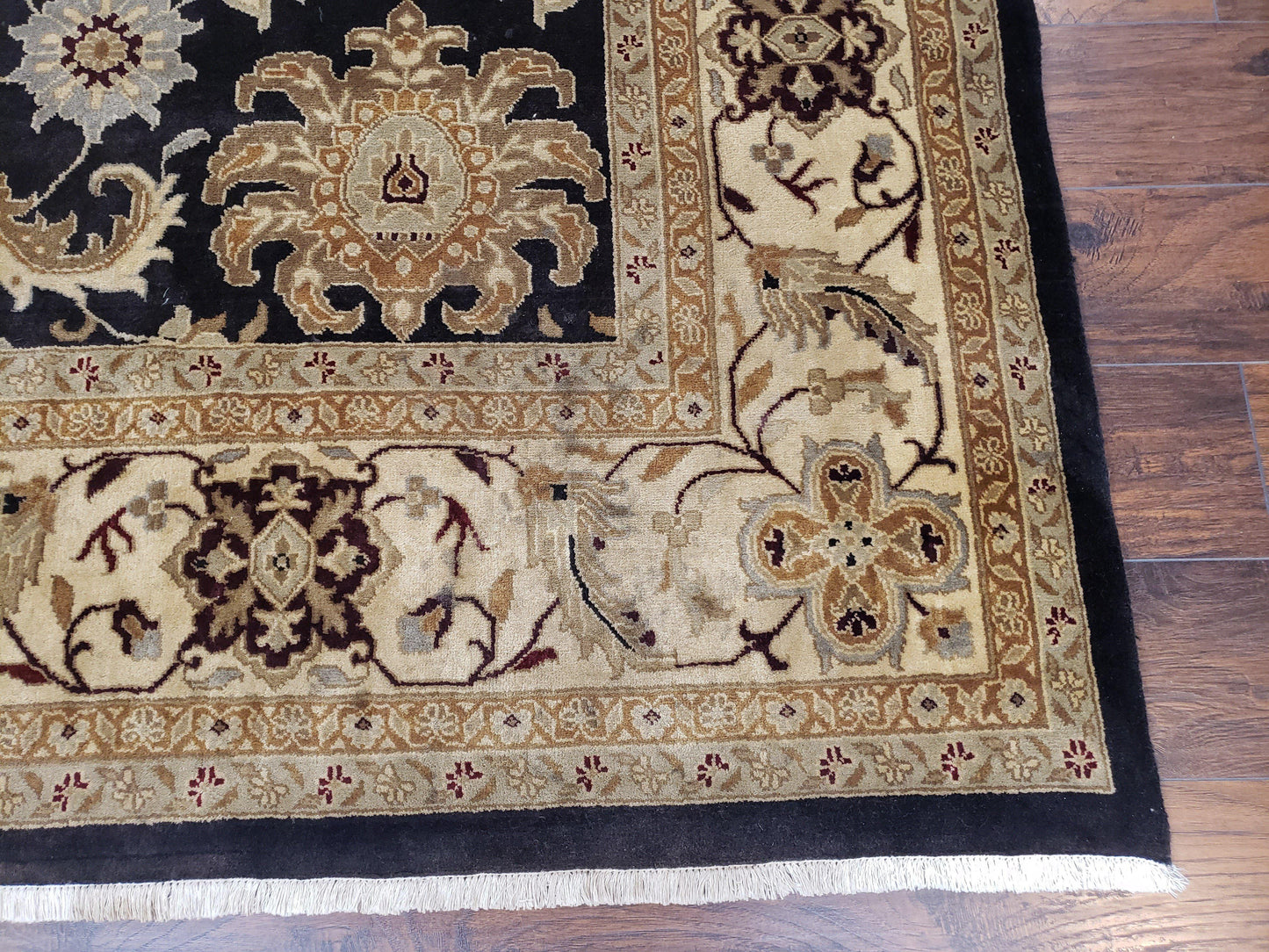 USED Indo Mahal Rug 8x12, Indian Sultanabad Handmade Area Rug, Vintage Hand-Knotted Wool Black Floral Traditional Oriental Dinning Room Rug