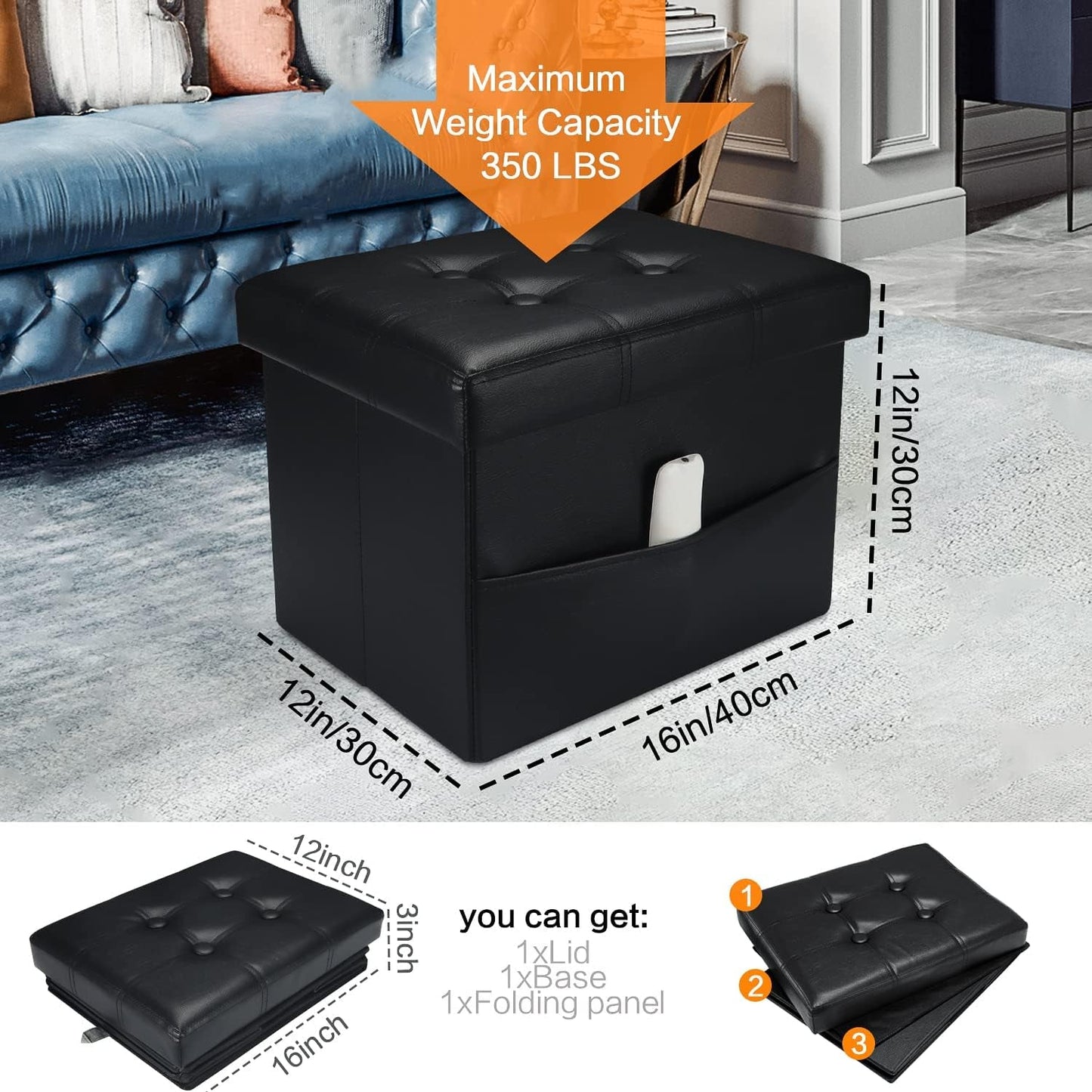 NEW Black Folding Storage Ottoman With Side Pocket