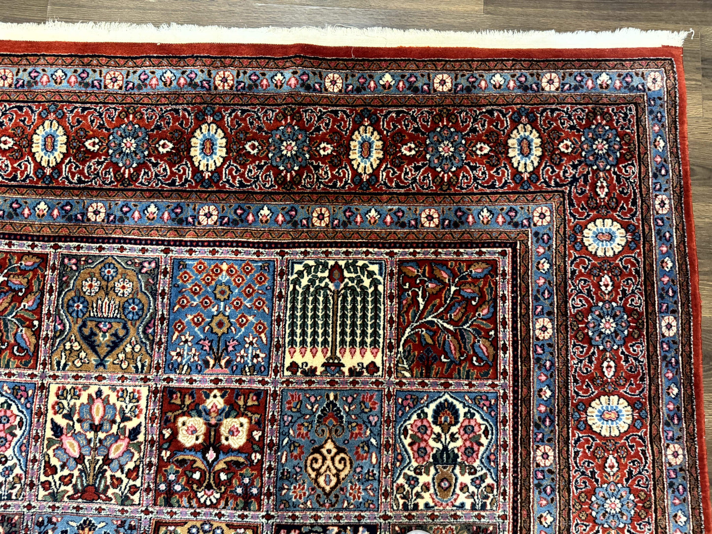 USED Wonderful Persian Qum Rug 10x13, Panel Design, Fine 260 KPSI, Signed, Red Multicolor
