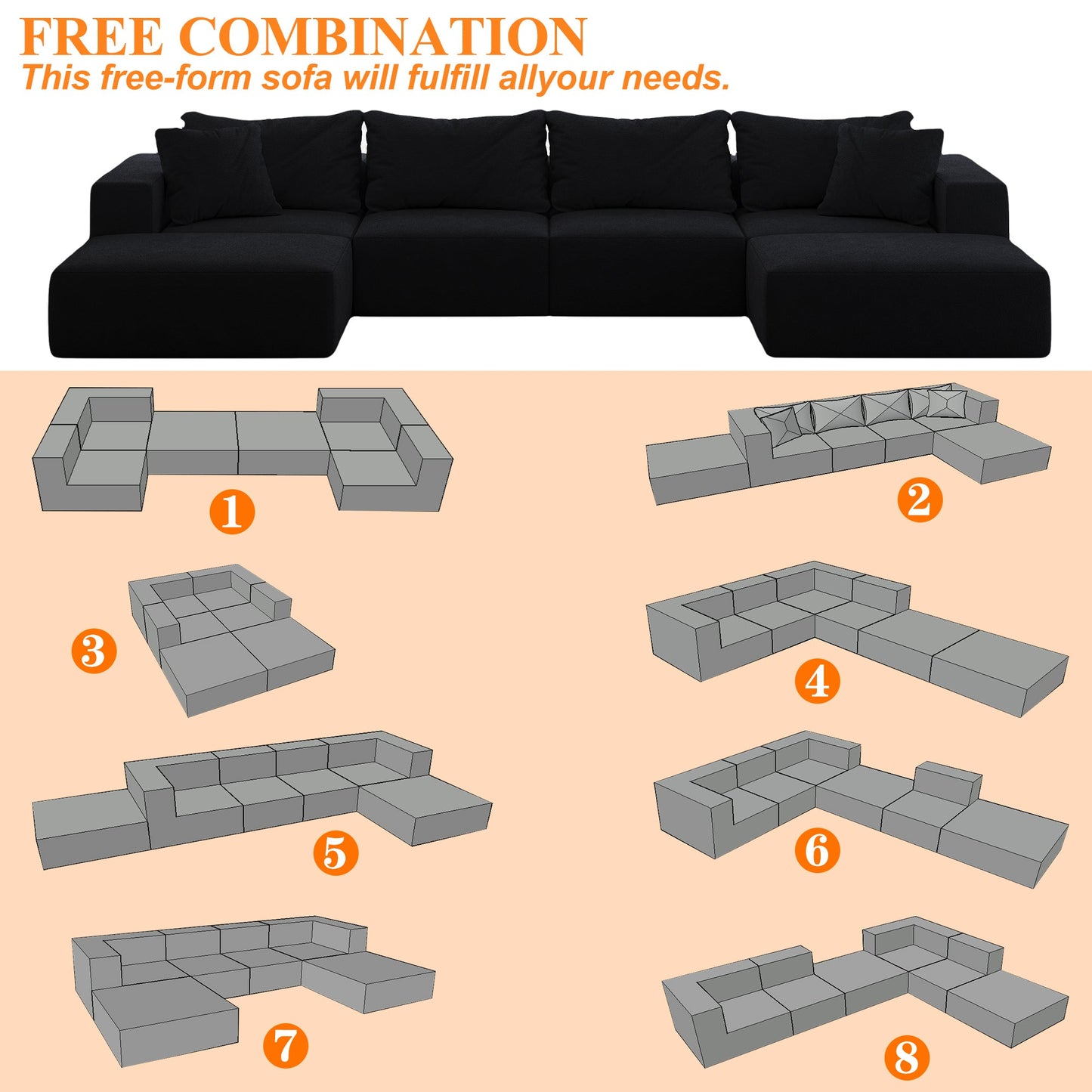 NEW Modern Upholstered Oversized Free Combination Sponge Cloud Sectional Sofa Couch Set,Modular 162' L Shaped Sectional Living Room Sofa Set With 6 Pillows