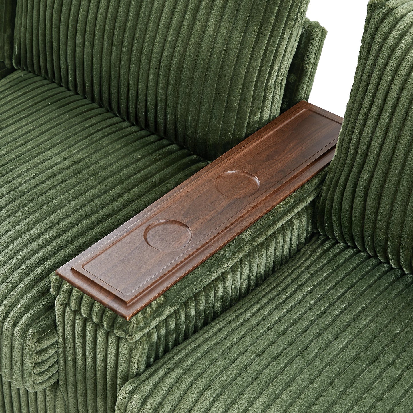 NEW Modern 4-Seater Green Corduroy Sofa with USB Ports Hidden Storage Arms and Flip-Top Cup Holders