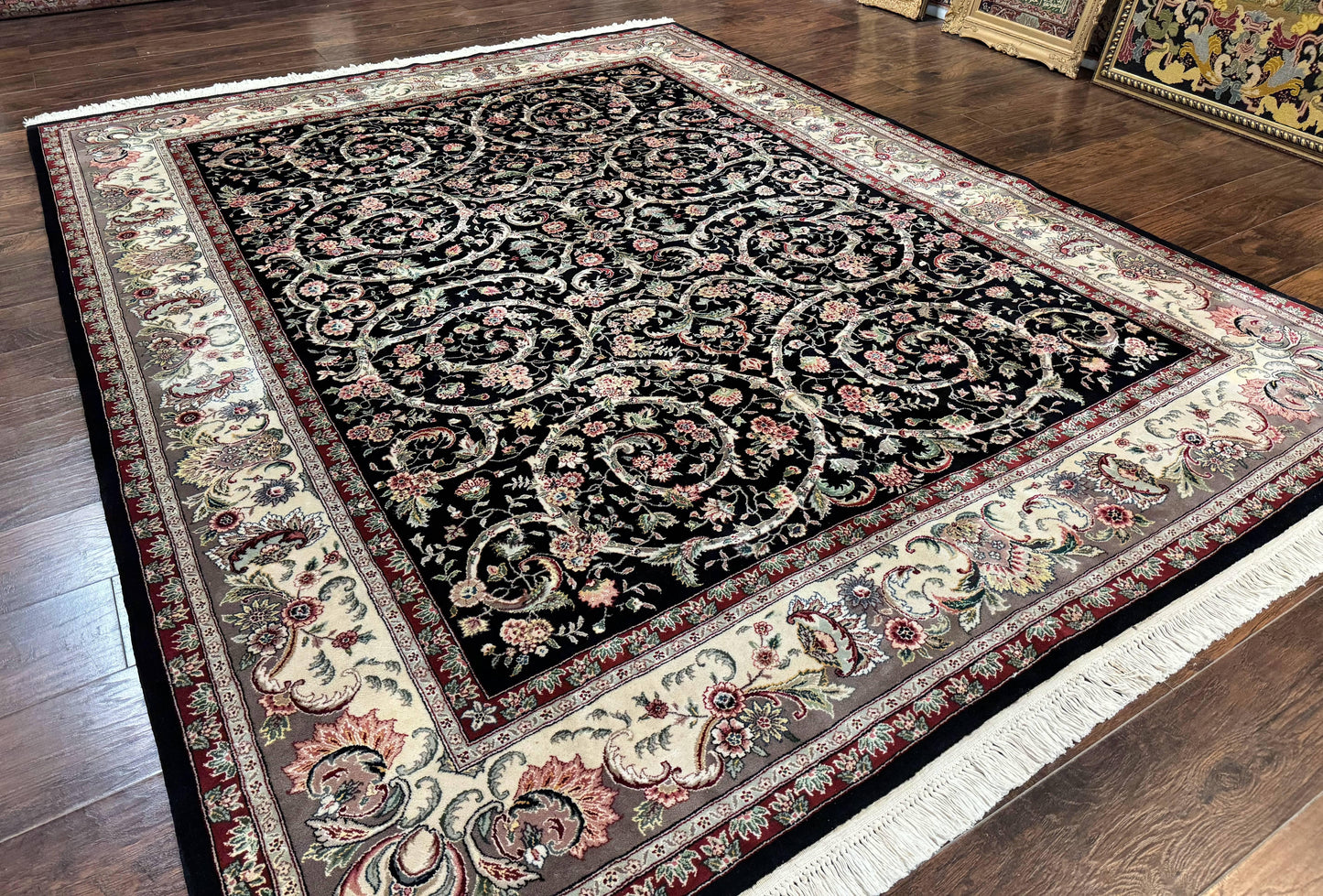 USED Black Pak Persian Rug 8x11, Floral Pattern, Hand Knotted Vintage Wool Rug with Silk Highlights, Fine 200 KPSI
