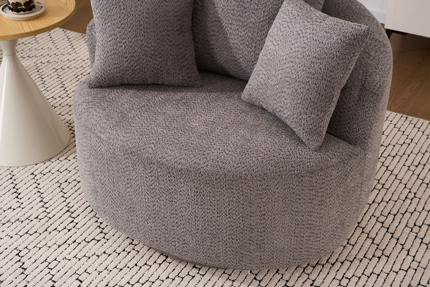 NEW 360° Swivel Round Grey Upholstered Accent Barrel Chair with 3 Removable Pillows