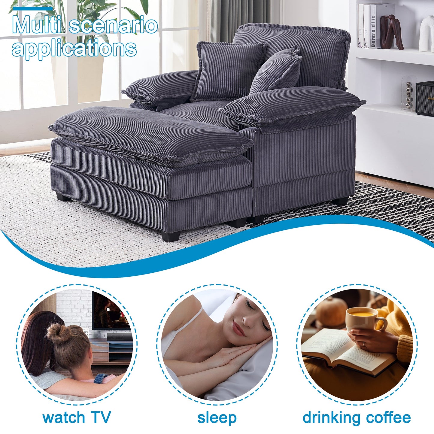 NEW 56.3 Inch Corduroy Single Comfy Deep Seat Couch Sofa with 2 Toss Pillows and Ottoman