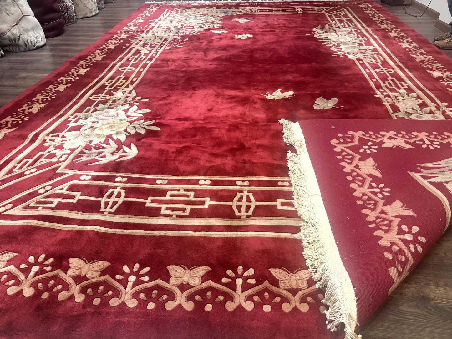 USED Palace Size Chinese Wool Rug 12x18, Red Art Deco Chinese Carving Carpet, Butterflies Flowers