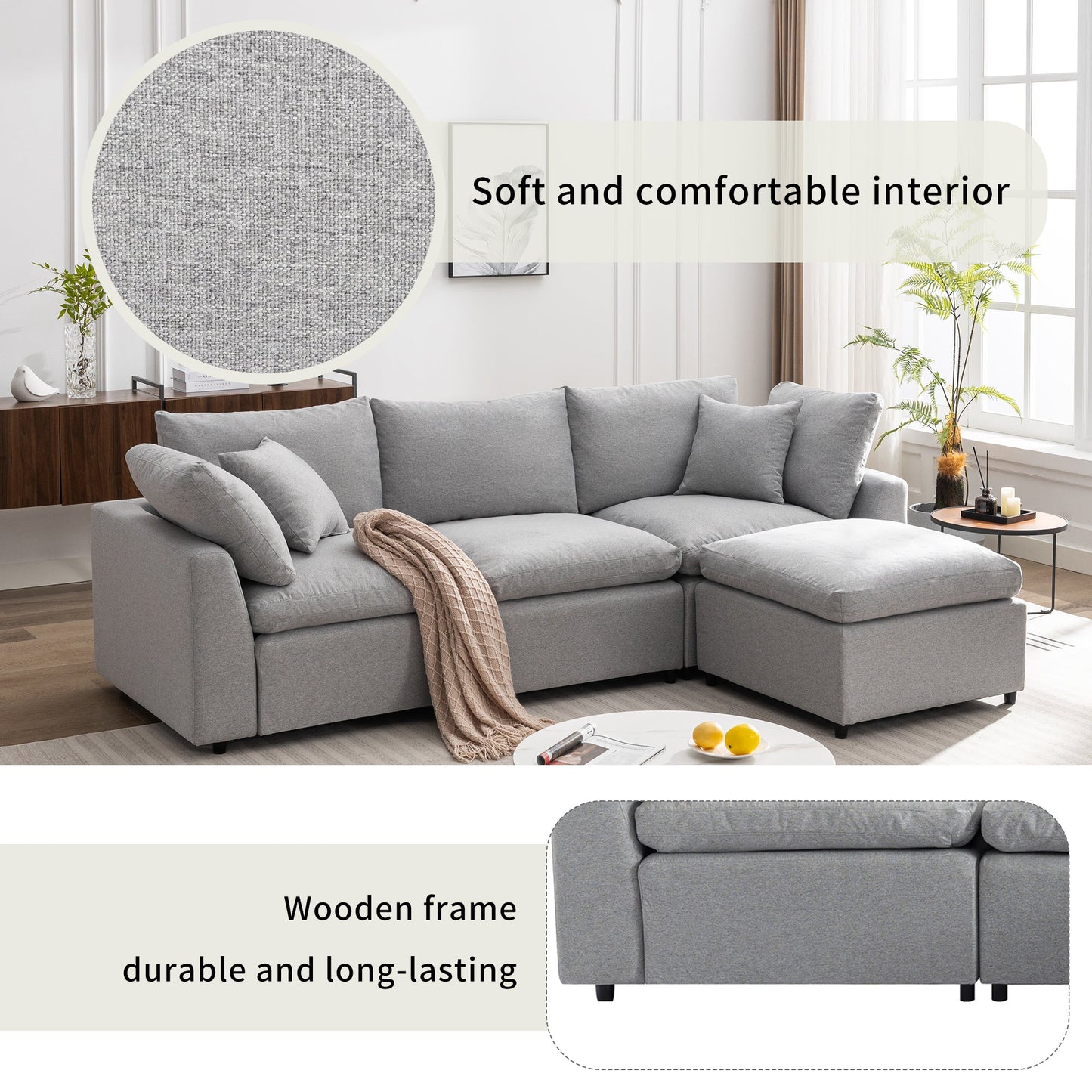NEW U Style Down Filled Upholstered Convertible L Shaped Sectional Sofa