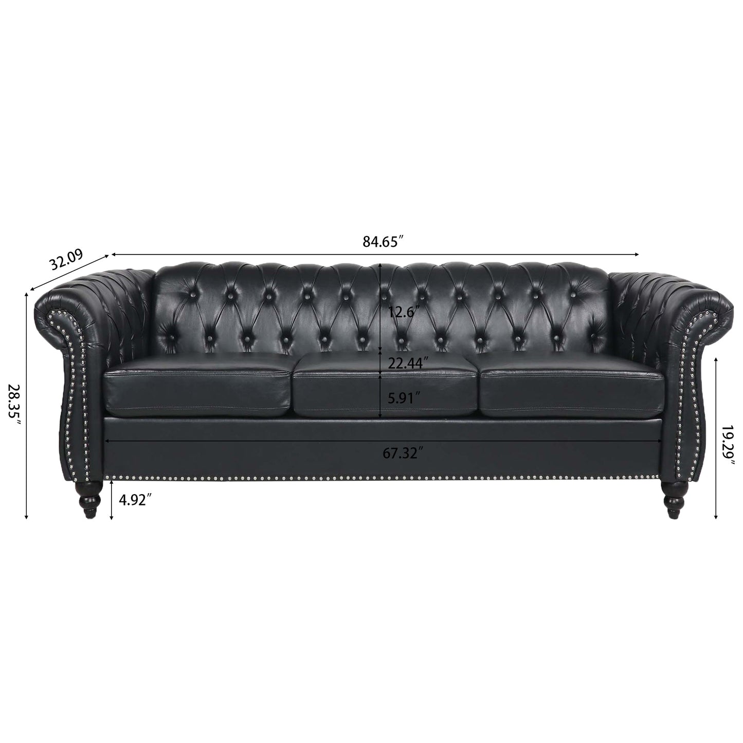 NEW 84.65' BLACK PU Rolled Arm Chesterfield Three Seater Sofa Couch