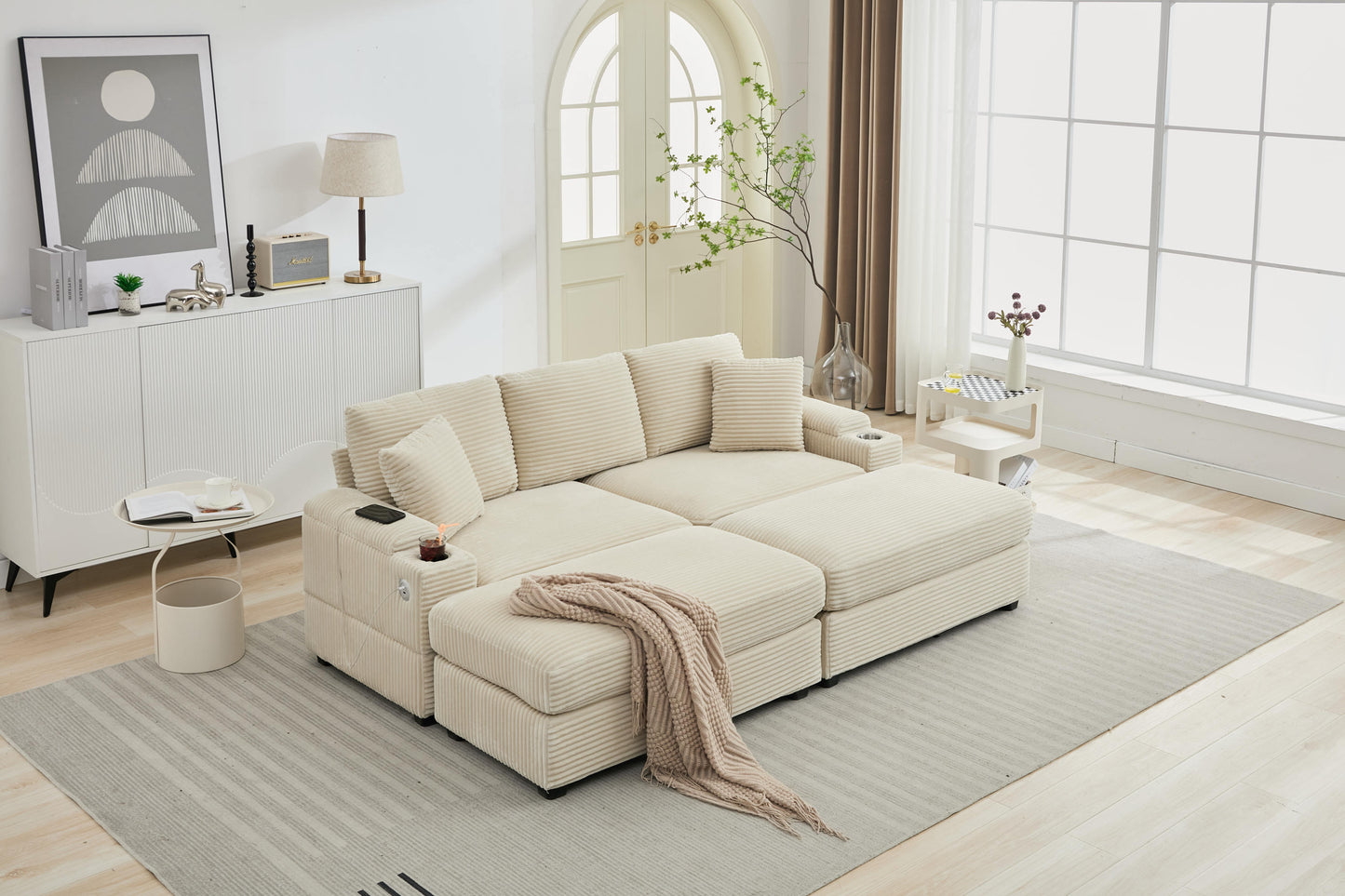 NEW Combination Modular Convertible Sectional Upholstered Deep Seat Sofa Bed Set with Armrest Storage Stainless Steel Cup Holders and USB Ports