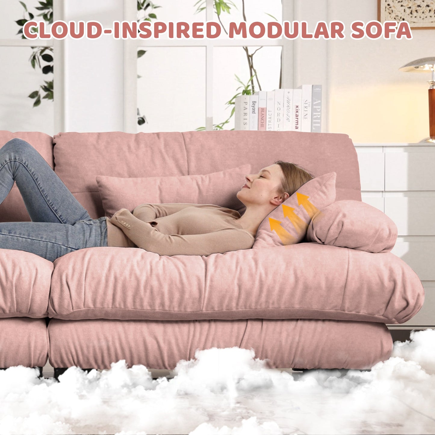 NEW Pink Chenille Free Combination Modular Sectional U Shaped Sofa Comfy Four Seater Couch with 2 Ottomans